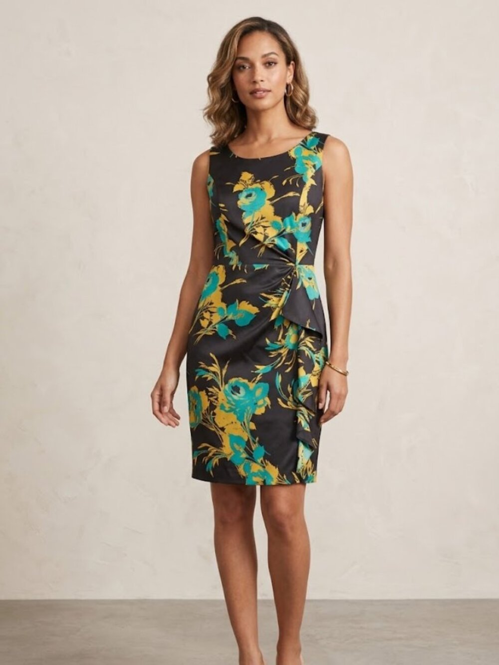 Banana Republic Vibrant Floral Black Teal Yellow Sheath sleeveless Dress, sz 8